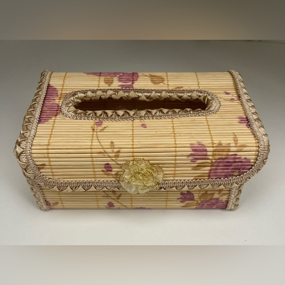 Handmade Bamboo Tissue Box, Purple Floral Accent, Natural Wicker Decor